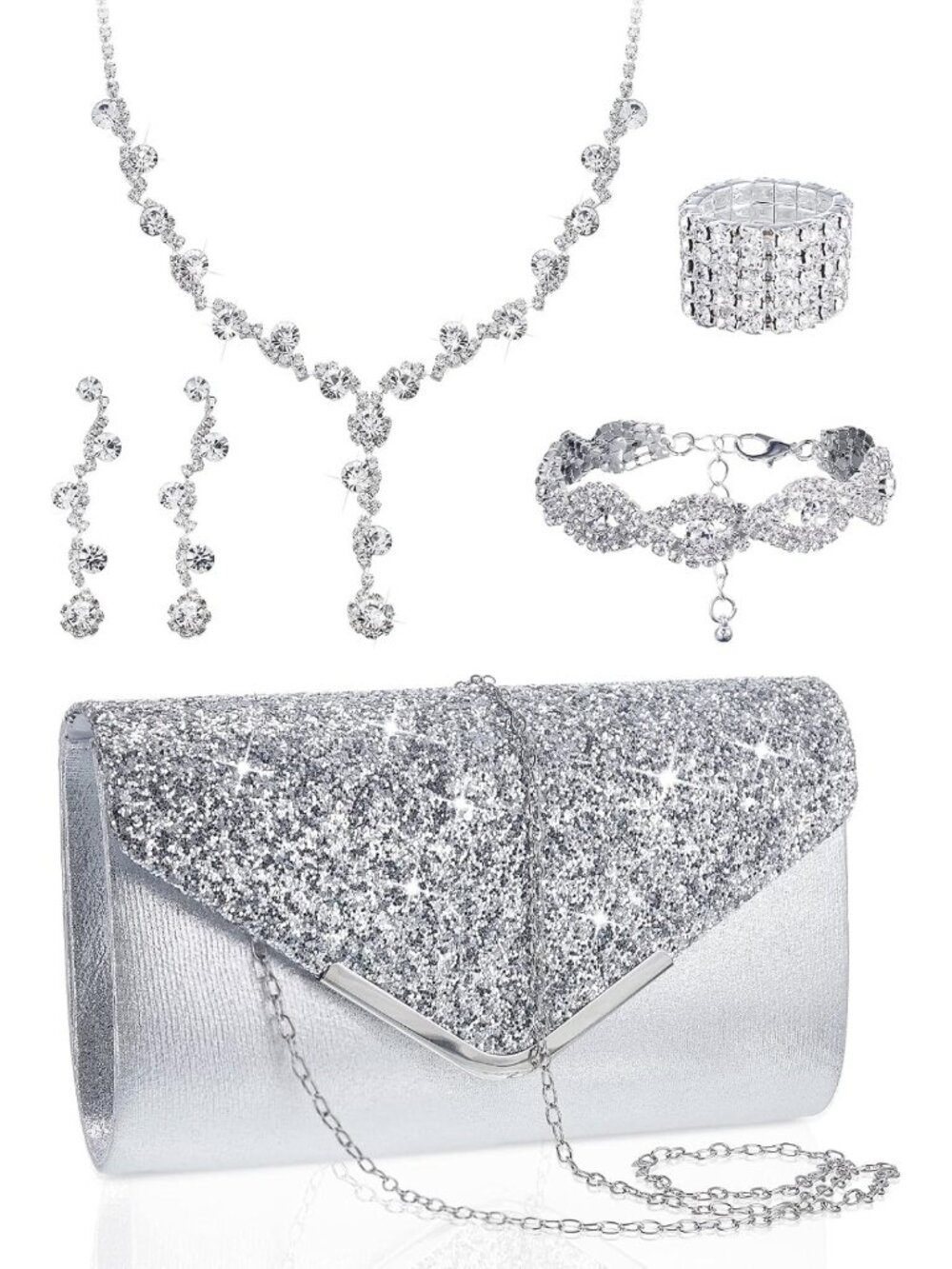 5-Piece Rhinestone Jewelry Set & Elegant Clutch Purse for Prom & Special Events